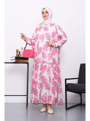 Pembe Desenli Şifon Elbise