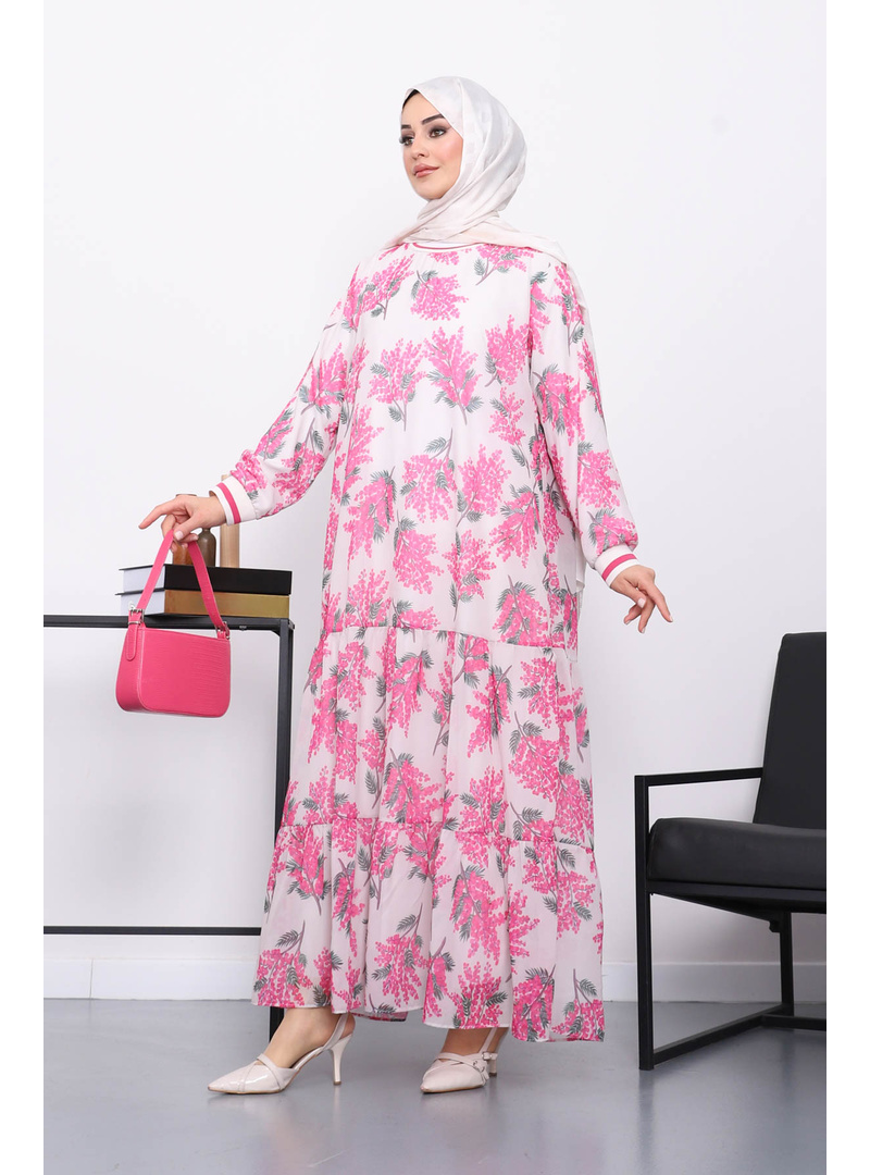 Pembe Desenli Şifon Elbise - Resim 2