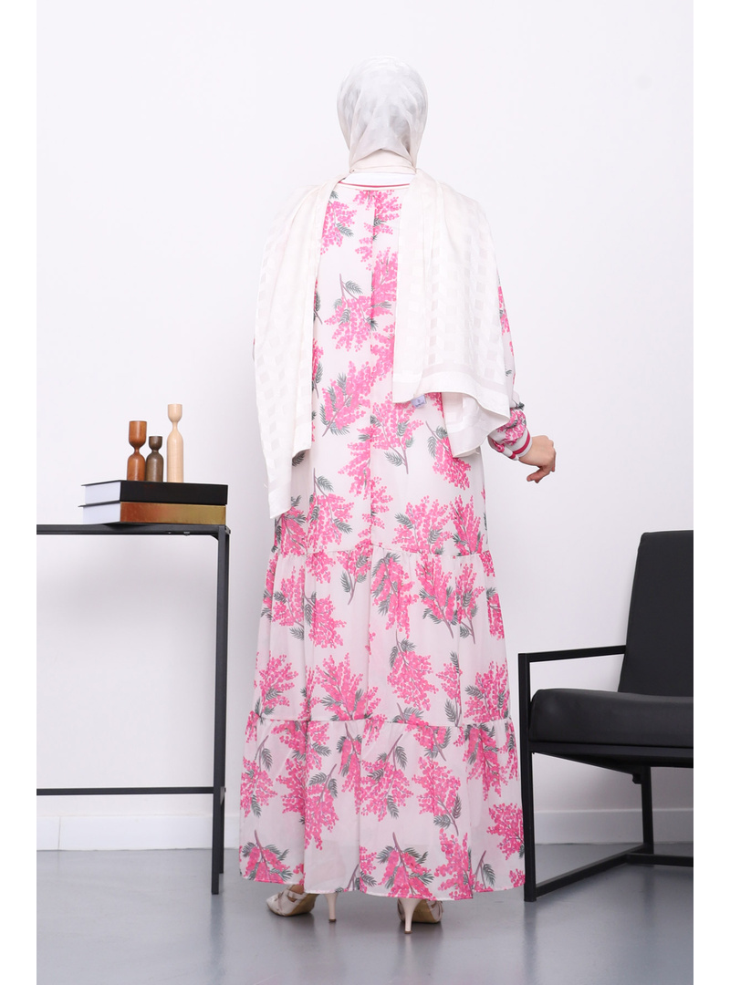 Pembe Desenli Şifon Elbise - Resim 3