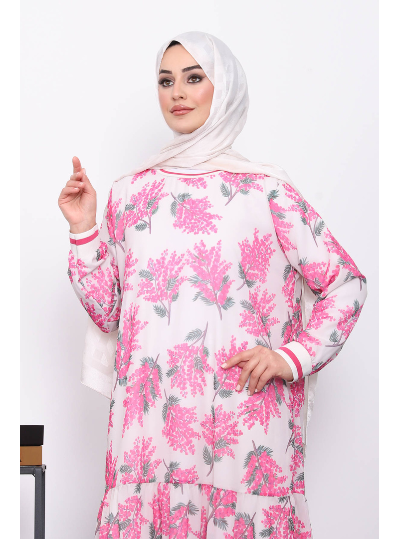 Pembe Desenli Şifon Elbise - Resim 4
