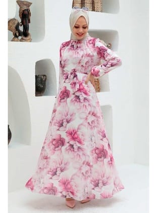 Çiçek Desenli Pembe Tesettür Elbise 279050P