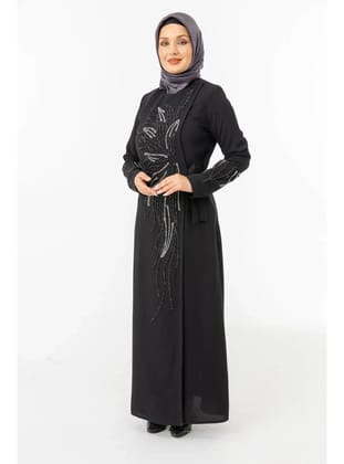 Siyah Kruvaze Bağlamalı Taşlı Abaya Zerenay 5503-25 Siyah