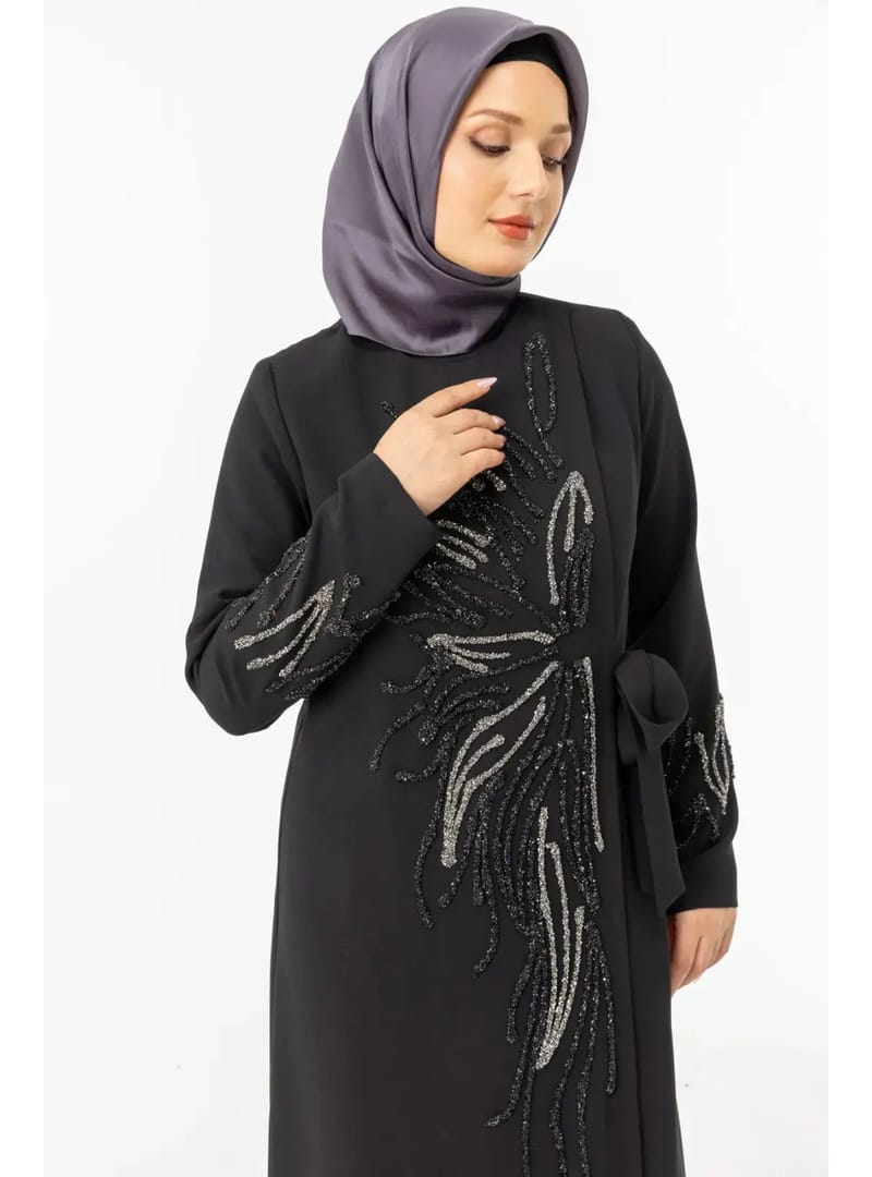 Siyah Kruvaze Bağlamalı Taşlı Abaya Zerenay 5503-25 Siyah - Resim 2