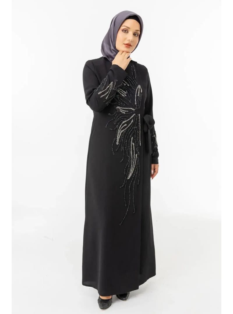Siyah Kruvaze Bağlamalı Taşlı Abaya Zerenay 5503-25 Siyah - Resim 3