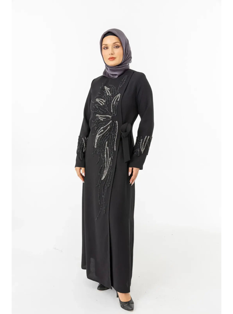 Siyah Kruvaze Bağlamalı Taşlı Abaya Zerenay 5503-25 Siyah - Resim 4