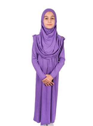 Pratik Başörtülü Tek Parça Çocuk Namaz Elbisesi 8-12 Yaş - Mor