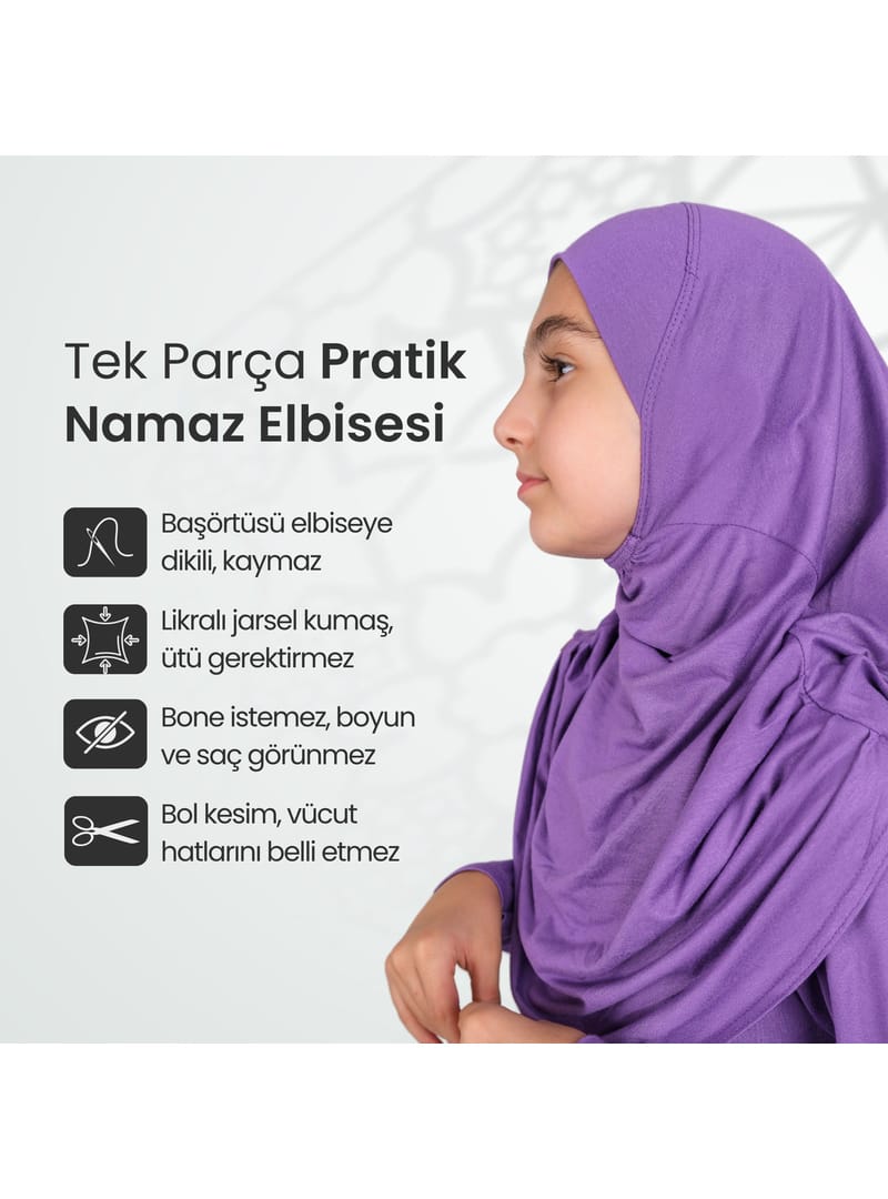 Pratik Başörtülü Tek Parça Çocuk Namaz Elbisesi 8-12 Yaş - Mor - Resim 3