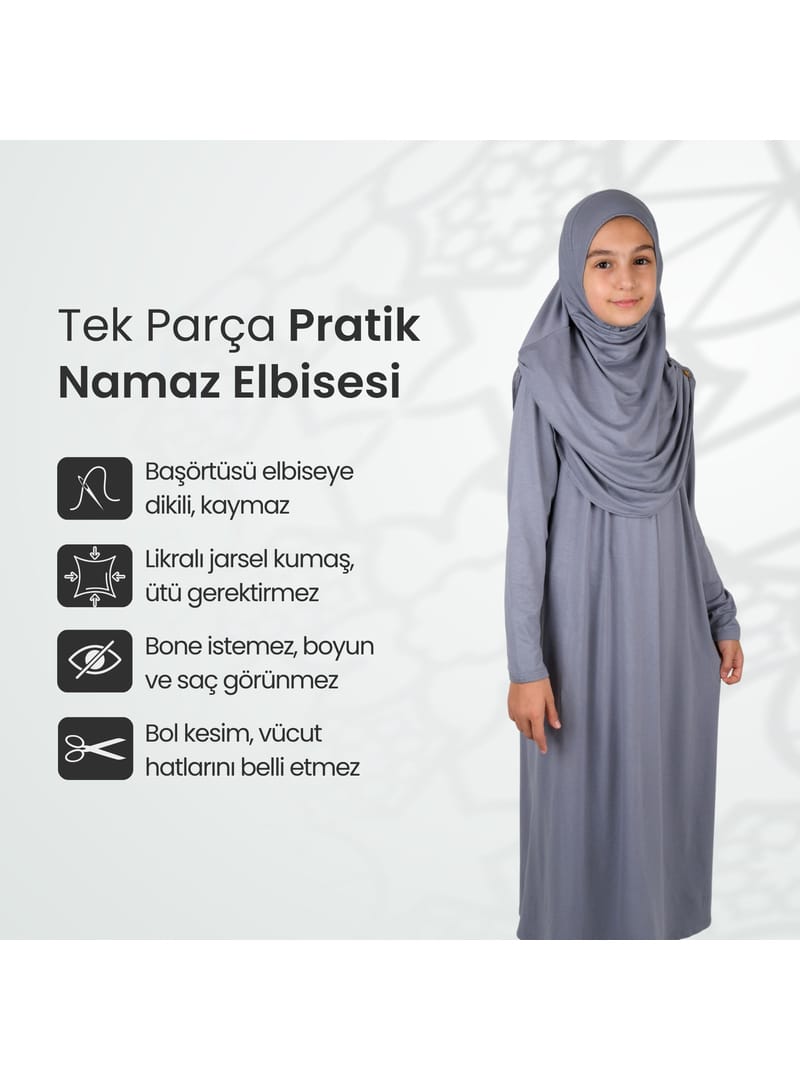 Pratik Başörtülü Tek Parça Çocuk Namaz Elbisesi 8-12 Yaş - Gri - Resim 3