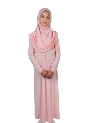 Pratik Başörtülü Tek Parça Çocuk Namaz Elbisesi 8-12 Yaş - Pudra