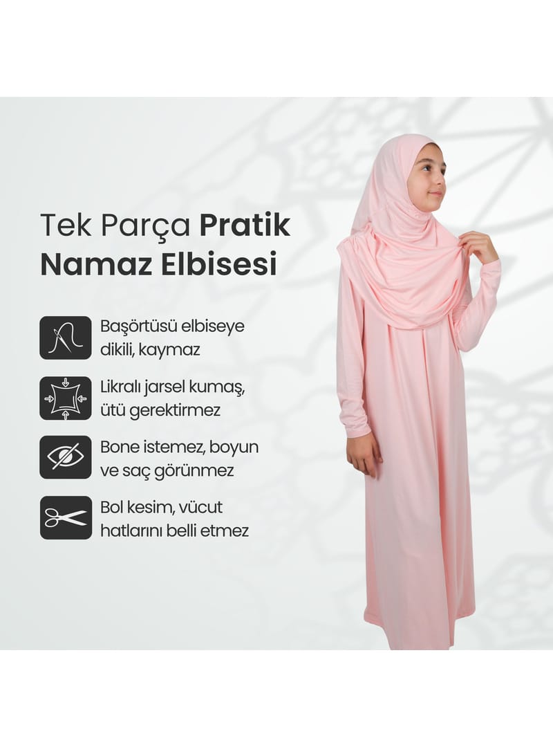 Pratik Başörtülü Tek Parça Çocuk Namaz Elbisesi 8-12 Yaş - Pudra - Resim 3