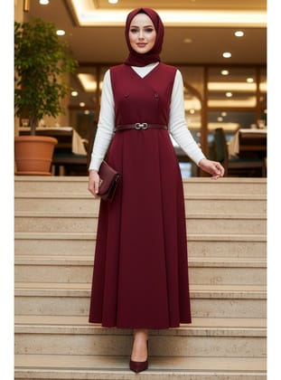 Bordo Tesettür Jile Elbise 62081BR