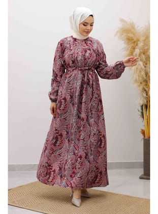 Desenli Robalı Elbise TSD250267 Bordo