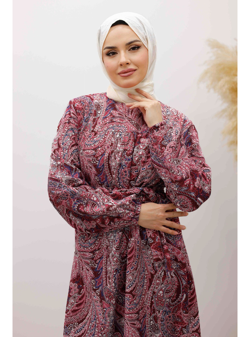 Desenli Robalı Elbise TSD250267 Bordo - Resim 2