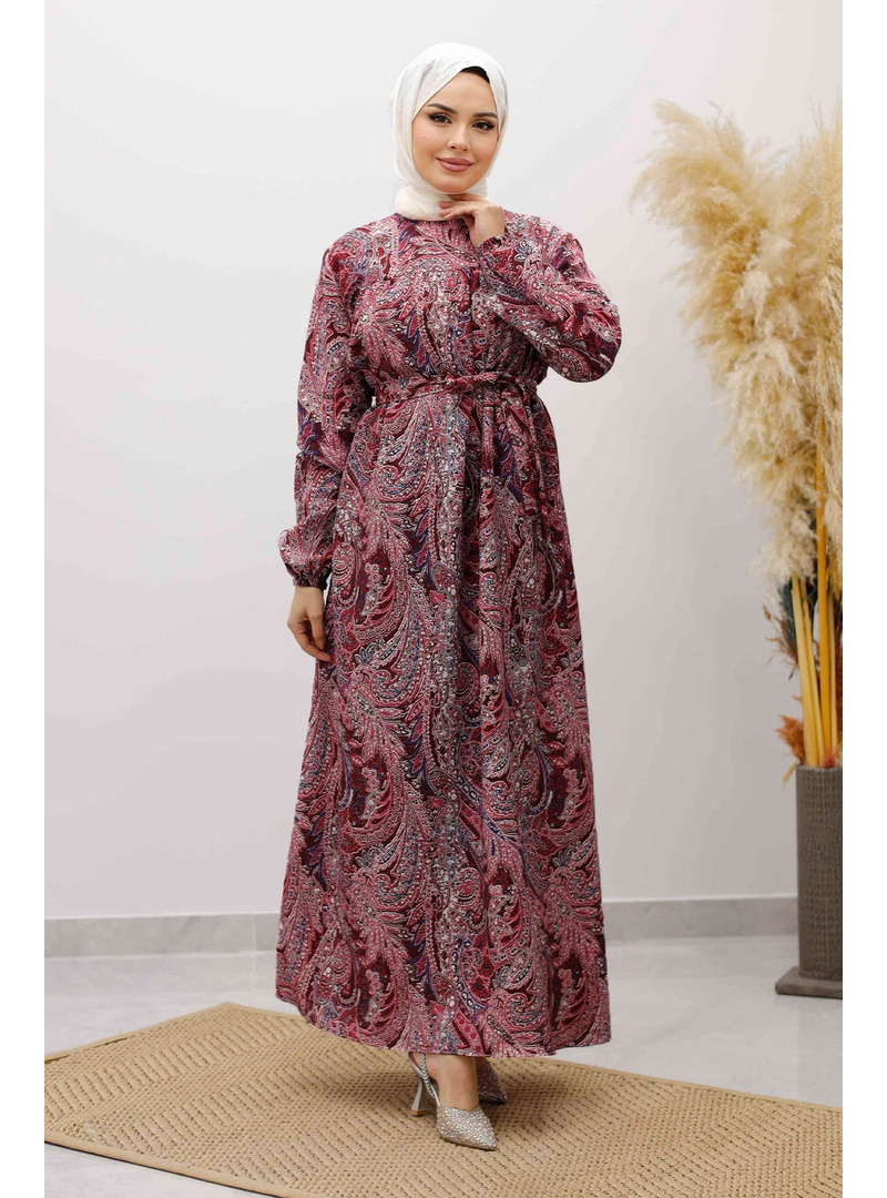 Desenli Robalı Elbise TSD250267 Bordo - Resim 3