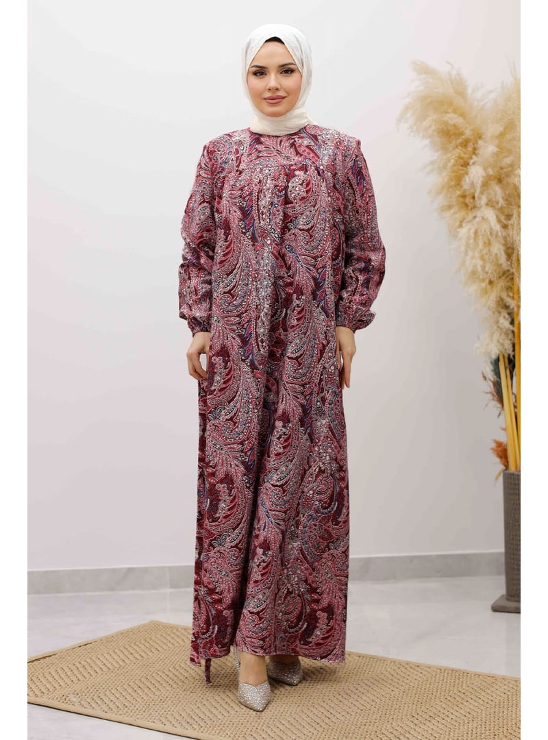 Desenli Robalı Elbise TSD250267 Bordo - Resim 4