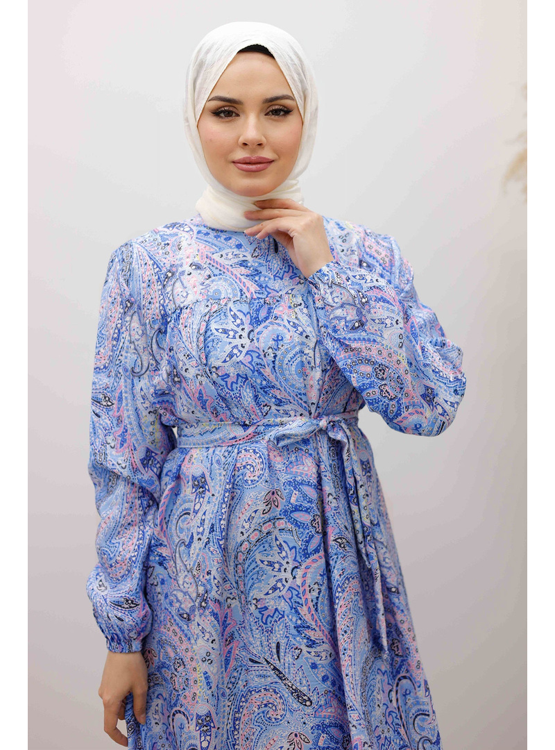 Desenli Robalı Elbise TSD250267 Mavi - Resim 2