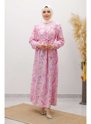 Desenli Robalı Elbise TSD250267 Pembe