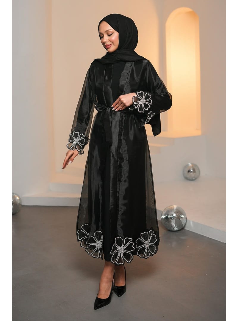 Siyah Kol Ve Etek Ucu Taşlı Abaya Takım - Resim 3