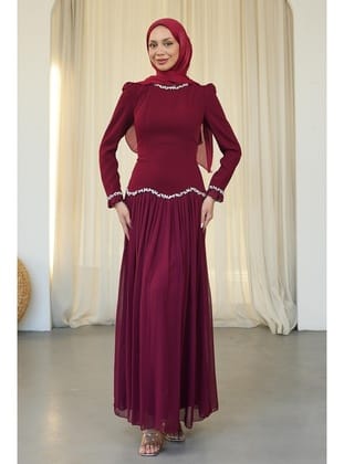Bordo Sırt Bağlamalı Taşlı Abiye