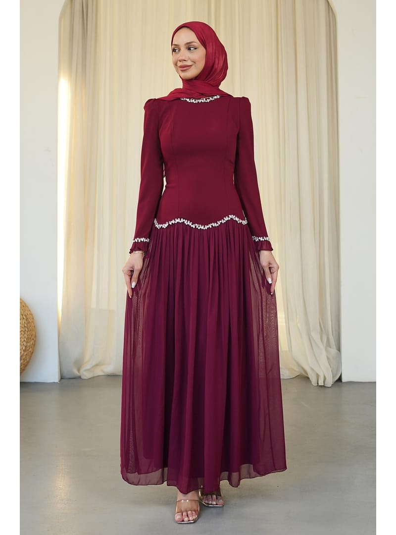 Bordo Sırt Bağlamalı Taşlı Abiye - Resim 2