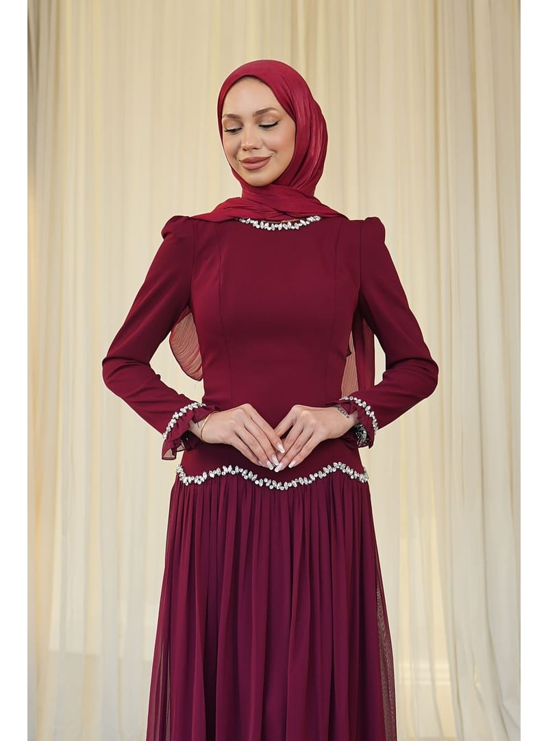 Bordo Sırt Bağlamalı Taşlı Abiye - Resim 3