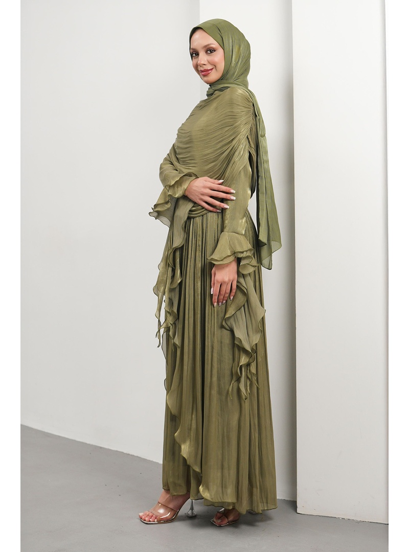 Koyu Yağ Yeşili Seyyar Pelerinli Fırfırlı Abiye - Resim 4