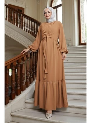 Bağlama Detaylı Ayrobin Elbise Camel HM2873