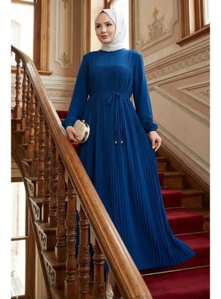 Robalı Piliseli Ayrobin Elbise Mavi HM2872