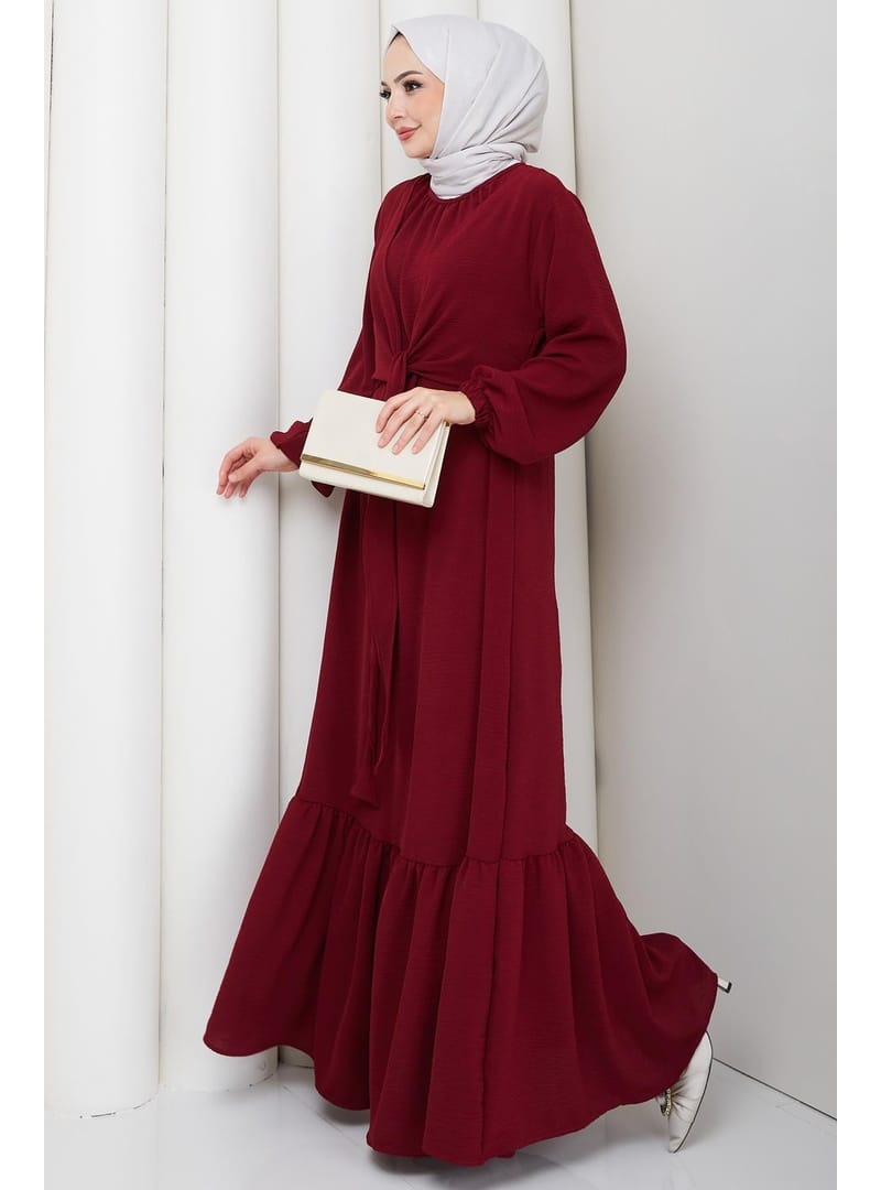 Bağlama Detaylı Ayrobin Elbise Bordo HM2873 - Resim 4