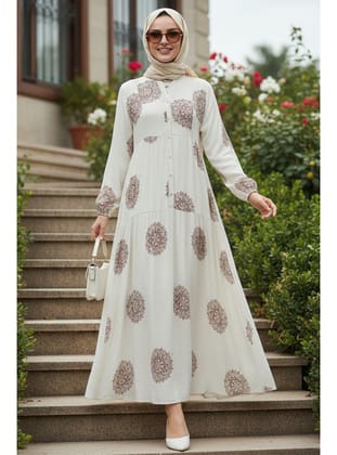 Desenli Camel Tesettür Elbise 24016C