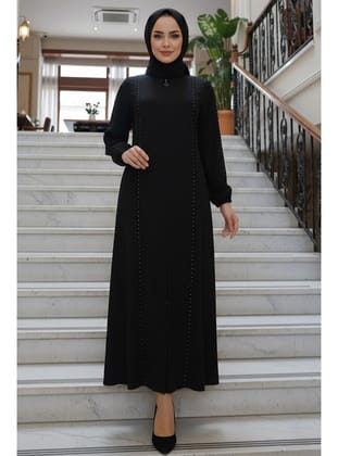 Fermuarlı Siyah Tesettür Abaya 45317S