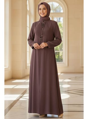 Fermuarlı Kahverengi Tesettür Abaya 45298KH