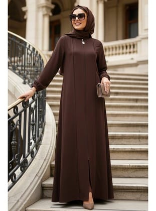 Fermuarlı Koyu Kahverengi Tesettür Abaya 45307KKH