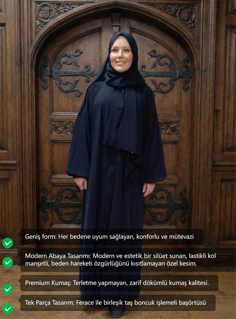2303_Kadın Tek Parça Kendinden Şallı Taş İşlemeli Balon Kollu Abaya Ferace Koyu Lacivert - Resim 3