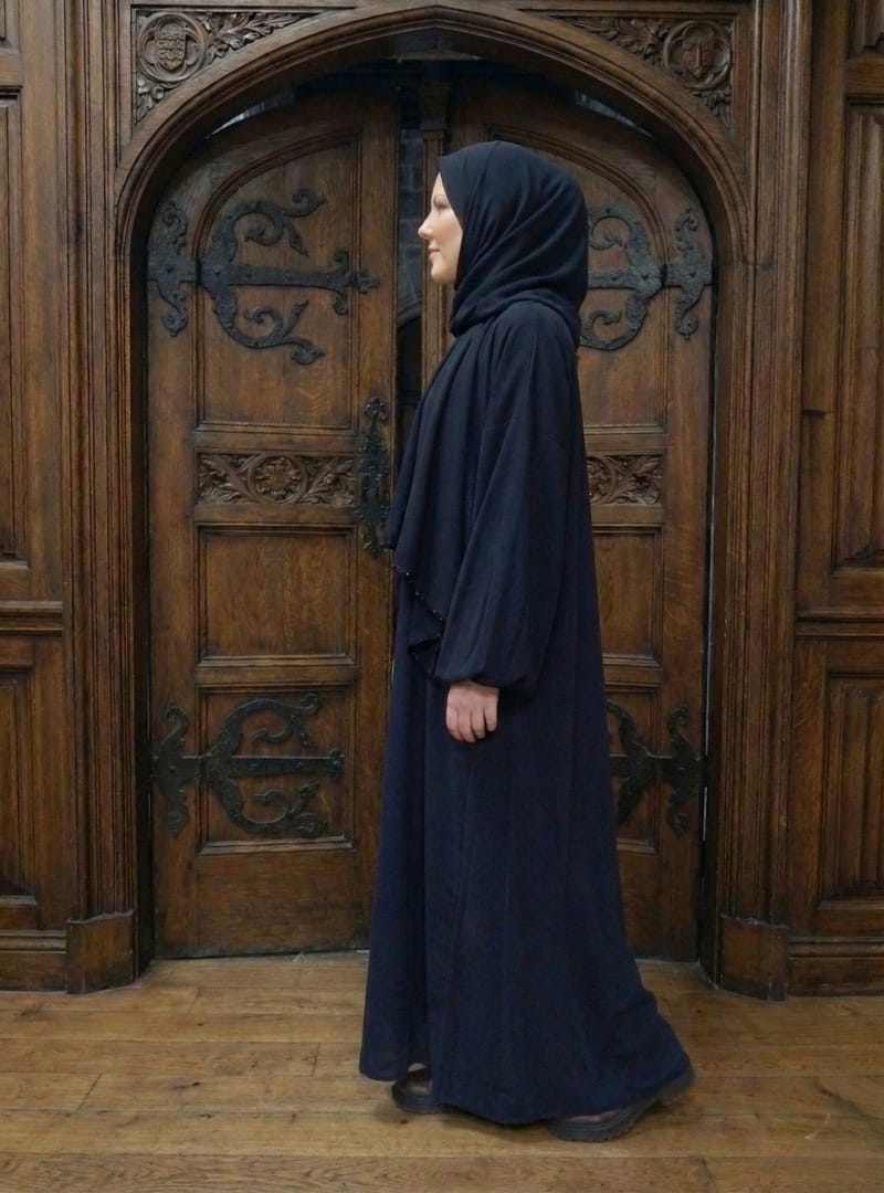 2303_Kadın Tek Parça Kendinden Şallı Taş İşlemeli Balon Kollu Abaya Ferace Koyu Lacivert - Resim 4