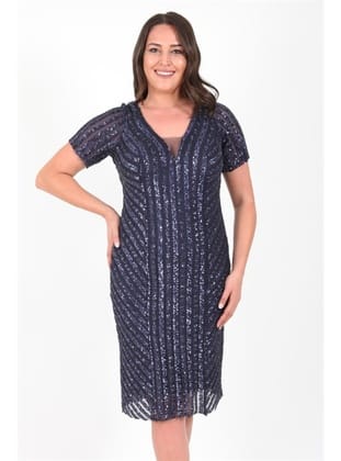 LADIES FIRST Büyük Beden 3373 Lacivert Kısa Abiye Elbise LACİVERT
