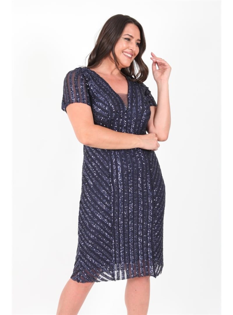 LADIES FIRST Büyük Beden 3373 Lacivert Kısa Abiye Elbise LACİVERT - Resim 2