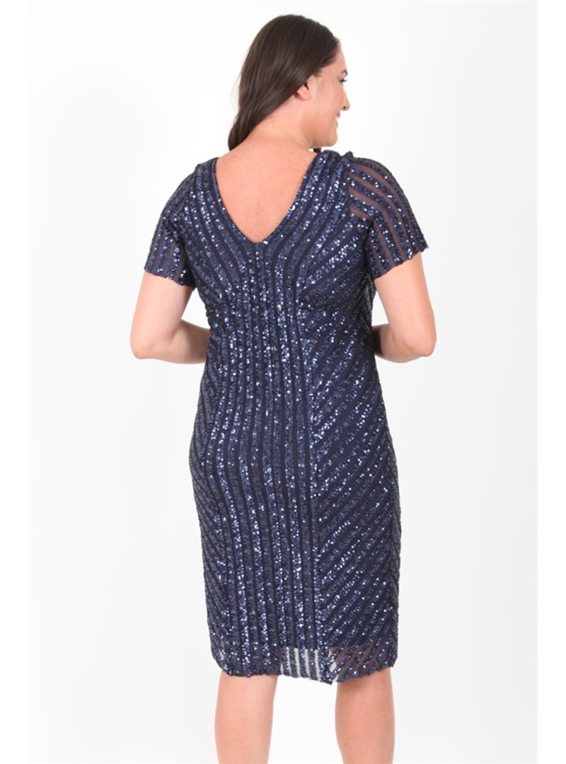 LADIES FIRST Büyük Beden 3373 Lacivert Kısa Abiye Elbise LACİVERT - Resim 4