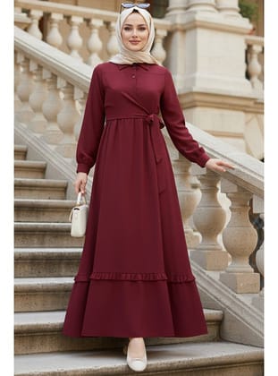 Bağlama Detaylı Bordo Tesettür Elbise 6205BR