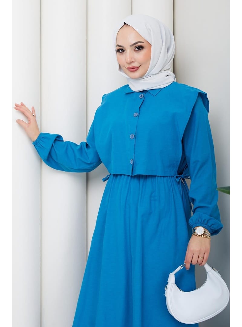 Bolerolu Beli Lastikli Tesettür Elbise Mavi HM262756 - Resim 4