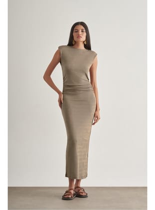 Yan büzgü Detaylı Vatkalı Uzun Kolsuz Vizon Bodycon Elbise