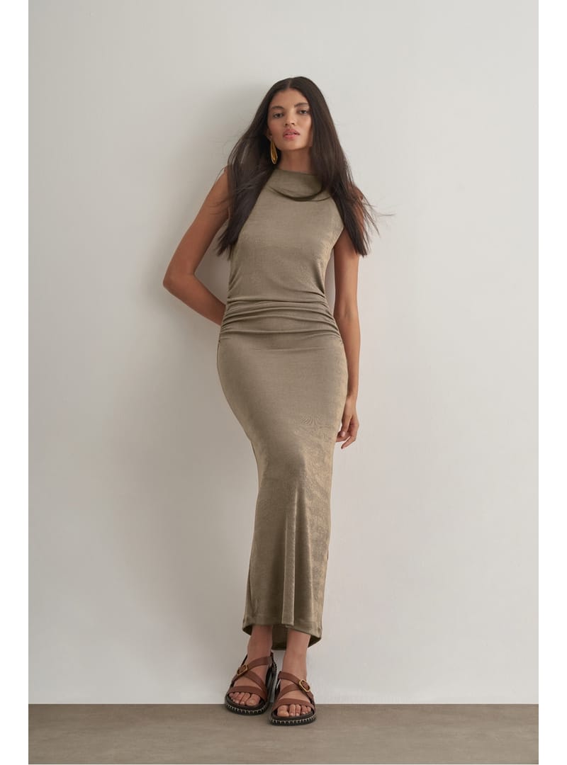 Yan büzgü Detaylı Vatkalı Uzun Kolsuz Vizon Bodycon Elbise - Resim 2