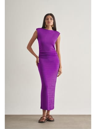 Yan büzgü Detaylı Vatkalı Uzun Kolsuz Mor Bodycon Elbise