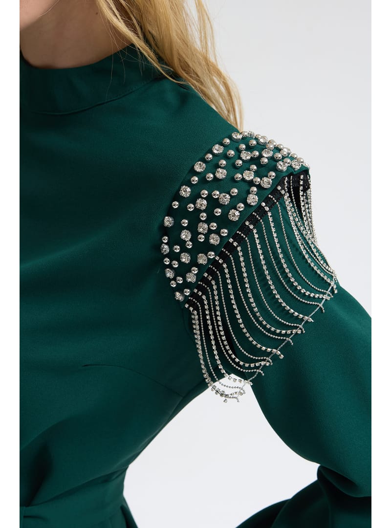 Omuz Taş Detaylı Elbise - Zümrüt - Resim 3
