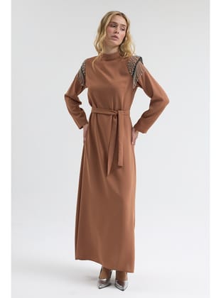 Omuz Taş Detaylı Elbise - Camel