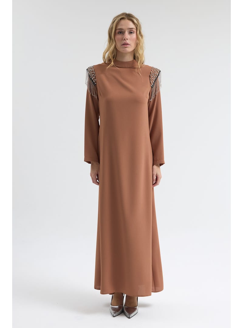 Omuz Taş Detaylı Elbise - Camel - Resim 2