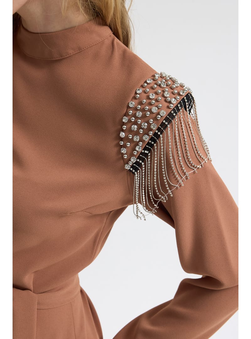 Omuz Taş Detaylı Elbise - Camel - Resim 3