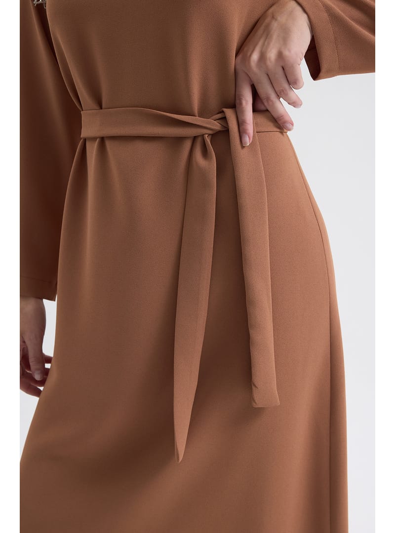 Omuz Taş Detaylı Elbise - Camel - Resim 4