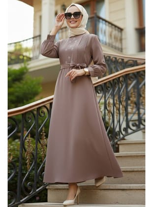 Kemerli Camel Tesettür Elbise 10309C