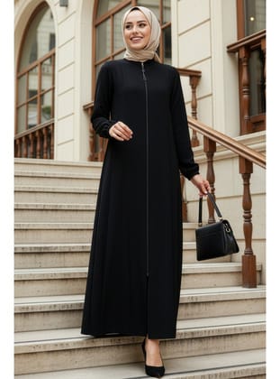 Fermuarlı Siyah Tesettür Abaya 45319S